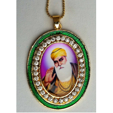 Gold plated stunning sikh singh guru nanak photo large pendant car green os106c