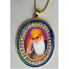 Gold plated stunning sikh singh guru nanak photo large pendant car blue os106a