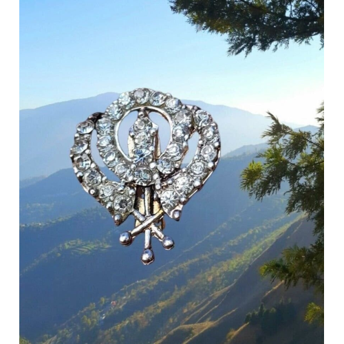 Khanda brooch silver plated stunning diamonte sikh pin singh kaur broach k62 new
