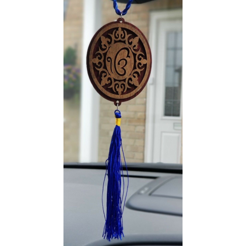 Punjabi sikh wooden ek onkar stunning pendant for car rear mirror blue tassel qq