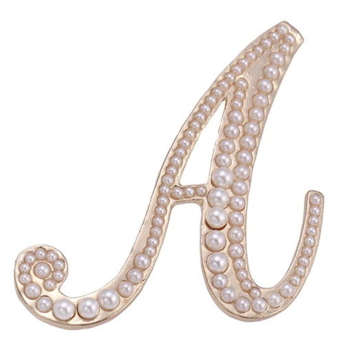 Vintage look gold plated letter faux pearls brooch suit coat broach pin ggg3