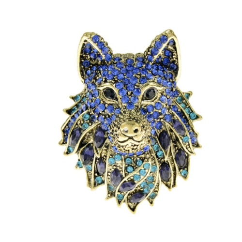 Wolf brooch blue or black vintage look celebrity broach gold plated pin ggg96