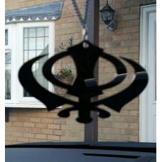 Wide black acrylic khanda punjabi sikh pendant car rear mirror hanging in chain