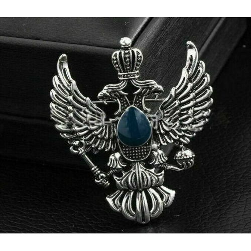 Vintage look silver plated double eagle design blue brooch broach crown pin b41