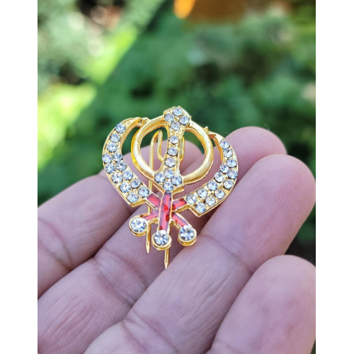 Stunning diamonte gold plated sikh singh kaur khalsa khanda brooch pin gift ggg1