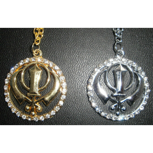 Unisex gold or stainless steel stunning rhinestones sikh khanda pendant necklace