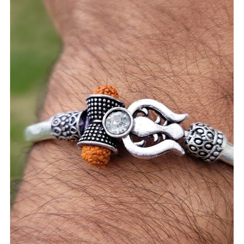 925 Sterling silver handmade Lord Shiva trident trishul kada bangle bracelet  natural Rudraksha customized Bahubali kada | Silveradda