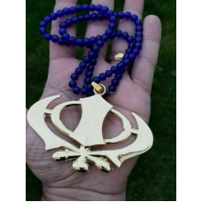 Gold plated wide khanda punjabi sikh singh pendant car rear mirror blue mala ss