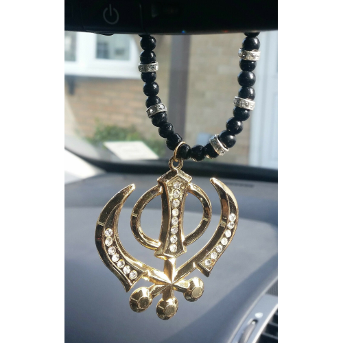 Gold Plated Punjabi Sikh Large Khanda Pendant Car Hanging with diamonte OS515