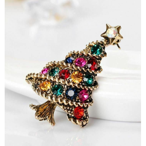 Stunning diamonte gold plated vintage look christmas tree brooch cake pin b1c