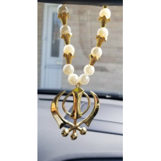 Gold plated stunning large khanda punjabi sikh pendant car rear mirror bead mala