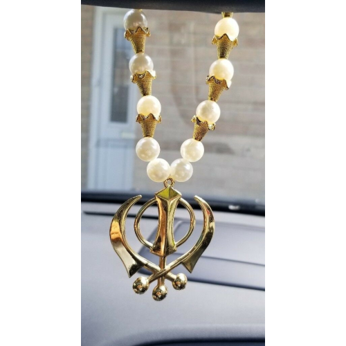 Gold plated stunning large khanda punjabi sikh pendant car rear mirror bead mala