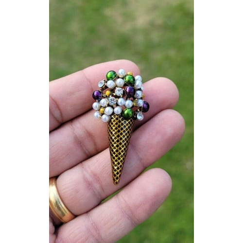 Ice cream cone brooch celebrity vintage look gold plated design pin broach k13