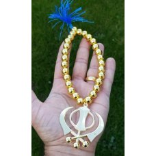 Gold Plated Khanda Pendant Punjabi Sikh Car Rear Mirror in Bead Mala hanger RR1