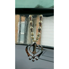 Silver plated punjabi sikh large khanda pendant car hanging white pearl beads