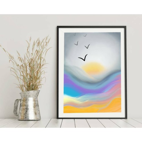 Sunset Waves Nordic Art Print Boho Abstract Oil Painting Hanging Minimalist Sunset Beach Holiday Landscape housewarming Gift Modern decor