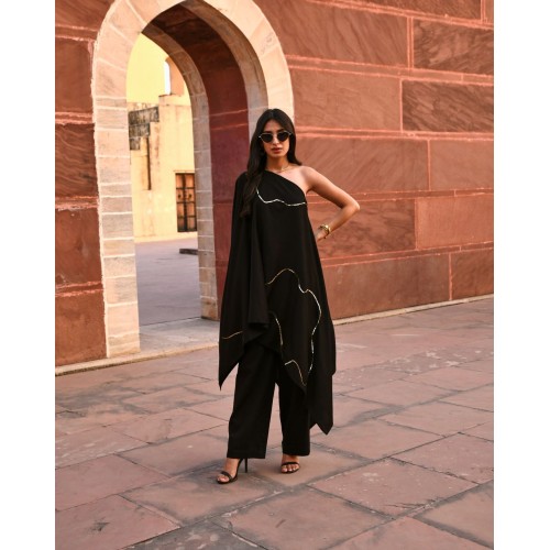 Tiana Black Off Shoulder Kaftaan-Pant Set