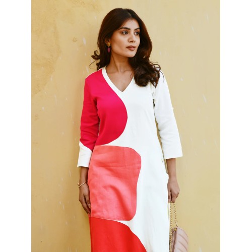 Fusion White Patchwork Kurta-Pant Set