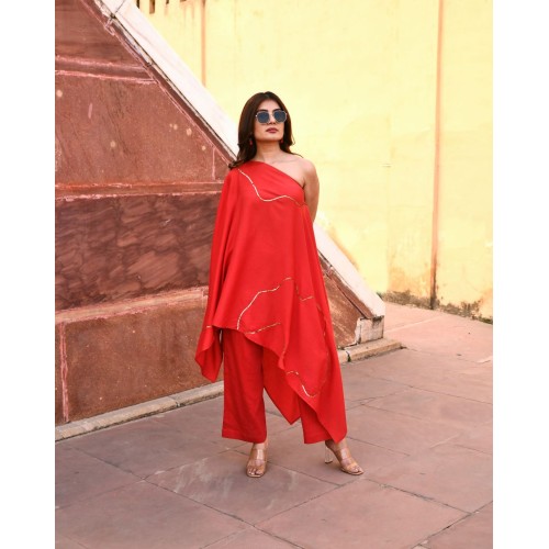 Tiana Red Off Shoulder Kaftaan-Pant Set