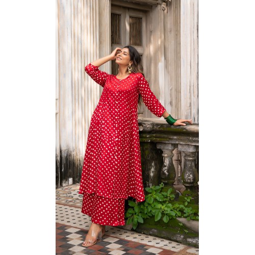 BANDHANI KURTA SET IN SILK - RED