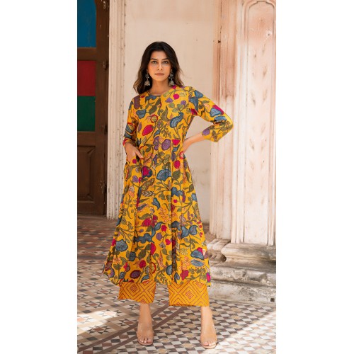 AISHA KALAMKARI KURTA SET - MUSTARD YELLOW