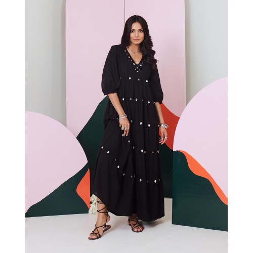 Piku Black Mirror Embroidered Tier Maxi Dress