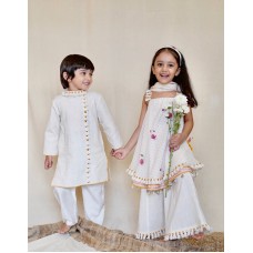 White Lotus Umbrella Kurta Pants and Dupatta Set | Kids Clothing | Girls 