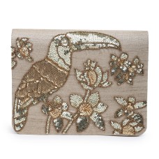 Sequin toucan gold clutch