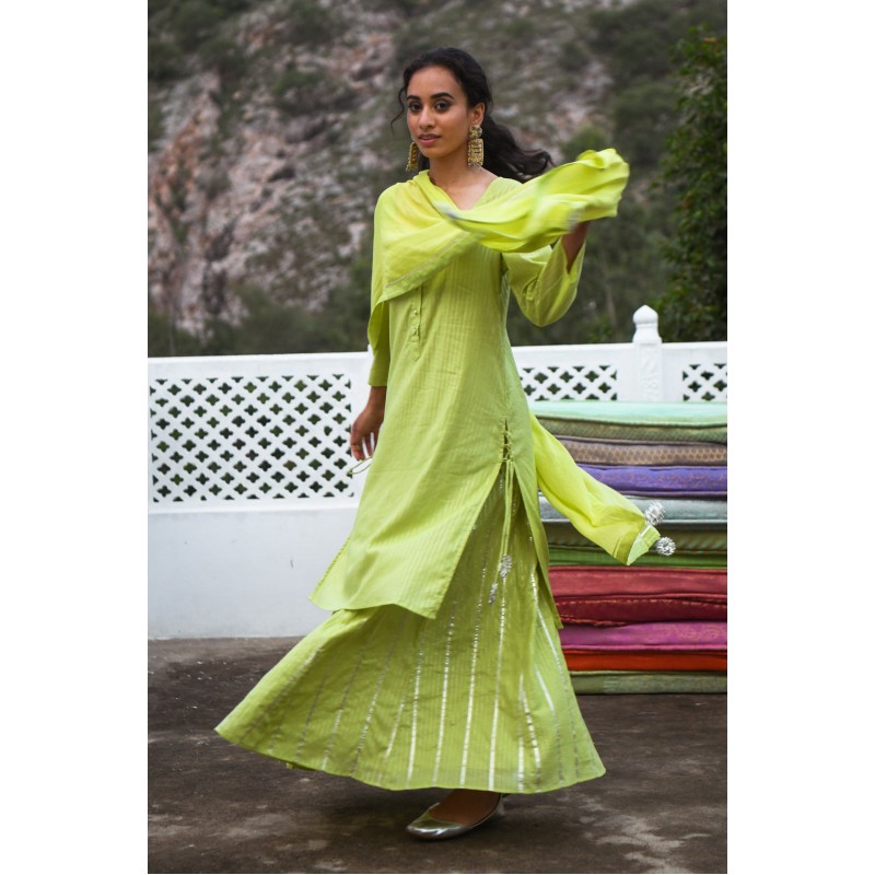 Buy Ivory Tussar Silk Embroidery Checkered Round Kurta Skirt Set For Women  by Premya By Manishii Online at Aza Fashions.