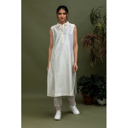 Chanderi Collared Sleeveless Kurta