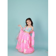 Pink Organza Lehnga with Blue Floral Choli Set