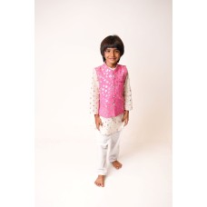 White Kurta Pink Zari Jacket with White Pajama