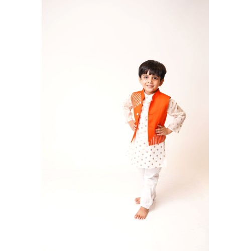 White Kurta Orange Jacket with White Pajama