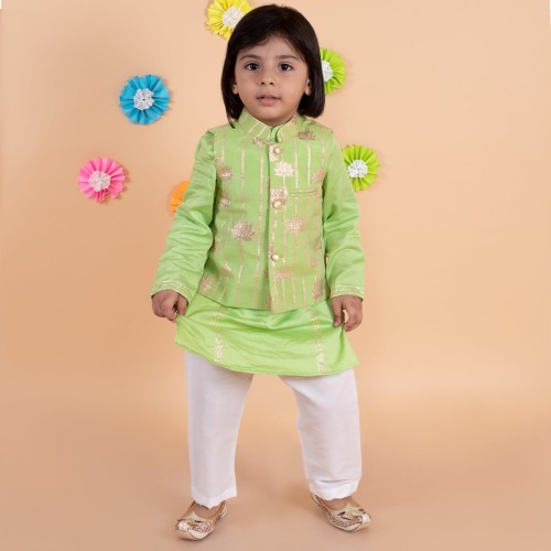 Parrot Green Golden Lotus Nehru Jacket with Kurta Set