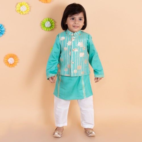 Turqouise Golden Lotus Nehru Jacket with Kurta Set