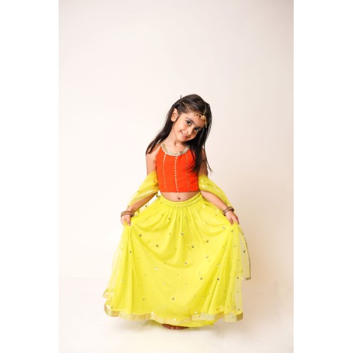 Orange Top with Neon Green Lehnga Set