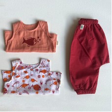 Organic Cotton Koi Jhabla Pajamaj Bag - Koi Red Jhabla + Peach Jhabla With Red Pants