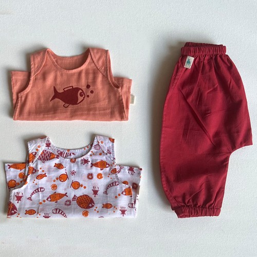 Organic Cotton Koi Jhabla Pajamaj Bag - Koi Red Jhabla + Peach Jhabla With Red Pants