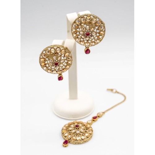Antique Gold Stud Tikka Earring Set (Pink)