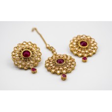 Antique Gold Stud Tikka Earrings (Pink)