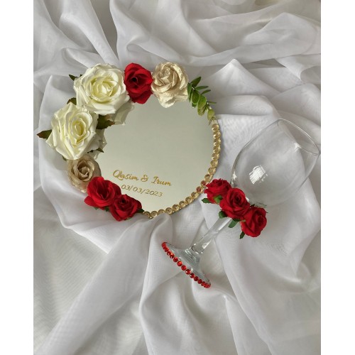 Floral mirror ring plate | nikkah | engagement | wedding | baraat | doodh pilai | confetti | floral tray | wall mirror | champagne glass