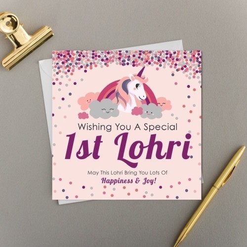 Wishing You A Special 1st Lohri - Her 1ST Lohri Smiling Unicorn & Rainbows Card