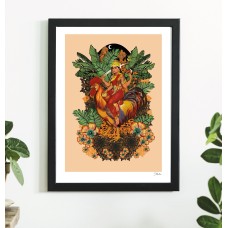 Bahucharji - Indian Goddess Devi Who Rides a Cockerel Colour Art Poster Print By Msdre... British Artist A4 A3