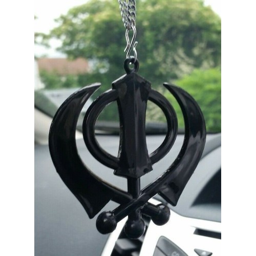 Black acrylic khanda punjabi sikh singh kaur pendant car rear mirror hanging ss1