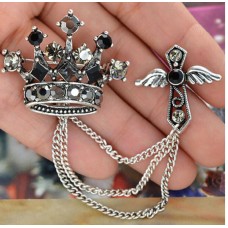 King crown cross lucky vintage look silver plated celebrity broach queen pin s5