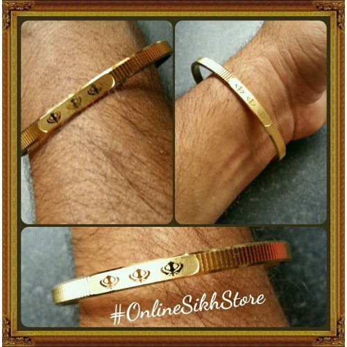 Gold plated laser engraved khandas sikh singh khalsa kada bangle kara qe2