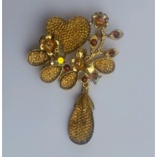 Stunning gold diamonte gold plated heart & dangling tear drop brooch cake pin