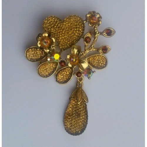 Stunning gold diamonte gold plated heart & dangling tear drop brooch cake pin