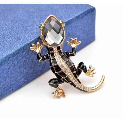Vintage look gold plated black lizard brooch suit coat gecko broach pin collar u