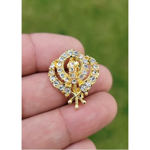 Khanda brooch gold plated stunning diamonte sikh king pin singh kaur broach k57